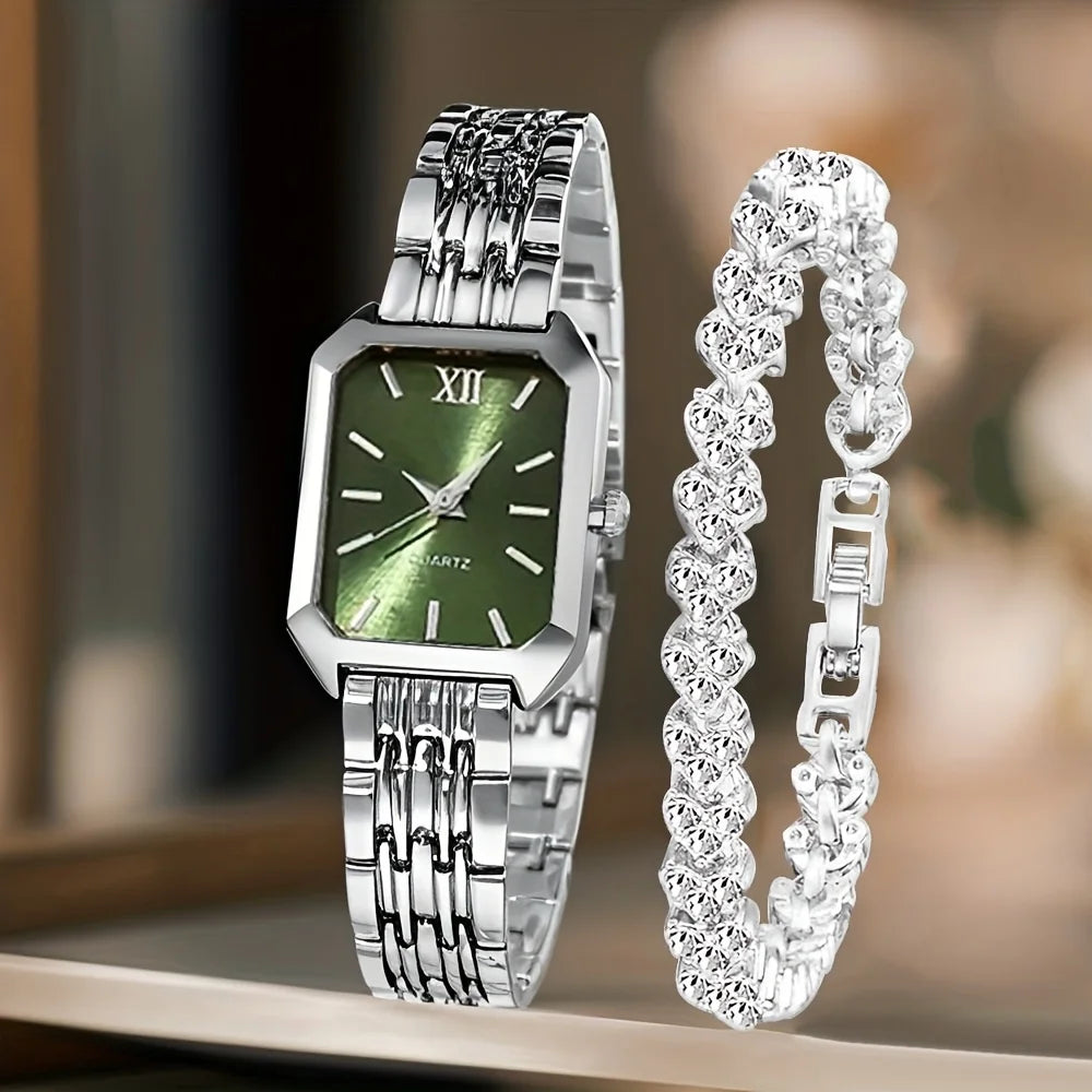 2PCS/Set Fashion Rectangle Women Quartz Watch Ladies Roma Dial Wristwatches Rhinestone Bracelet Set Reloj Mujer Girls Clock G