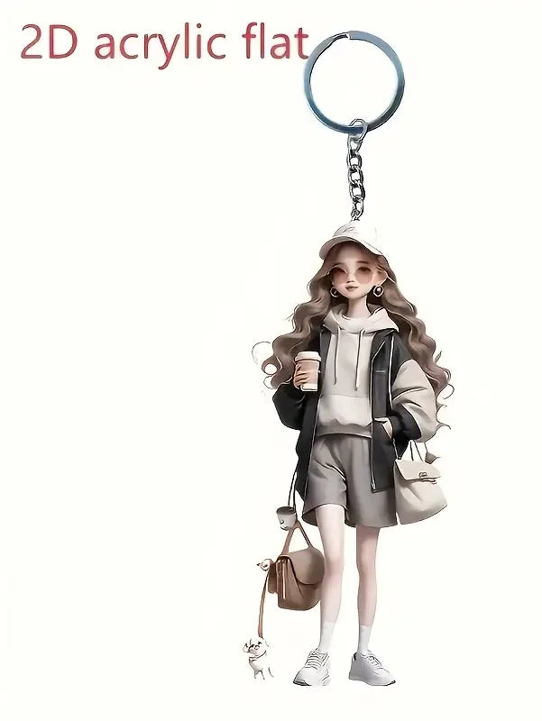 1 Cute Acrylic Girl Keychain, 2D Flat, Holiday Gift, Backpack Accessories, Key Decoration, Car Decoration, Keychain, Pendant 