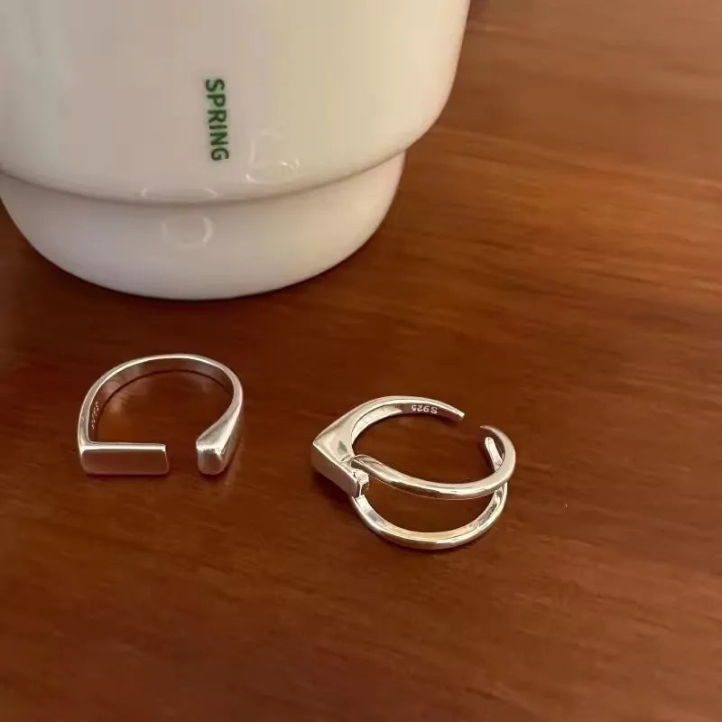 VENTFILLE 925 Sterling Silver Rings INS Fashion Hip Hop Vintage Couples Hollow Lines Punk Thai Silver Party Adjustable Jewelr