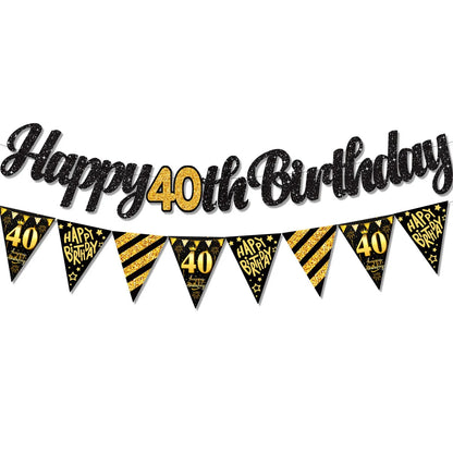 Black Gold Happy 21 30 40 50 60 70th 80th 90th Birthday Banner Garland Hanging for DIY Adult Party Decoration