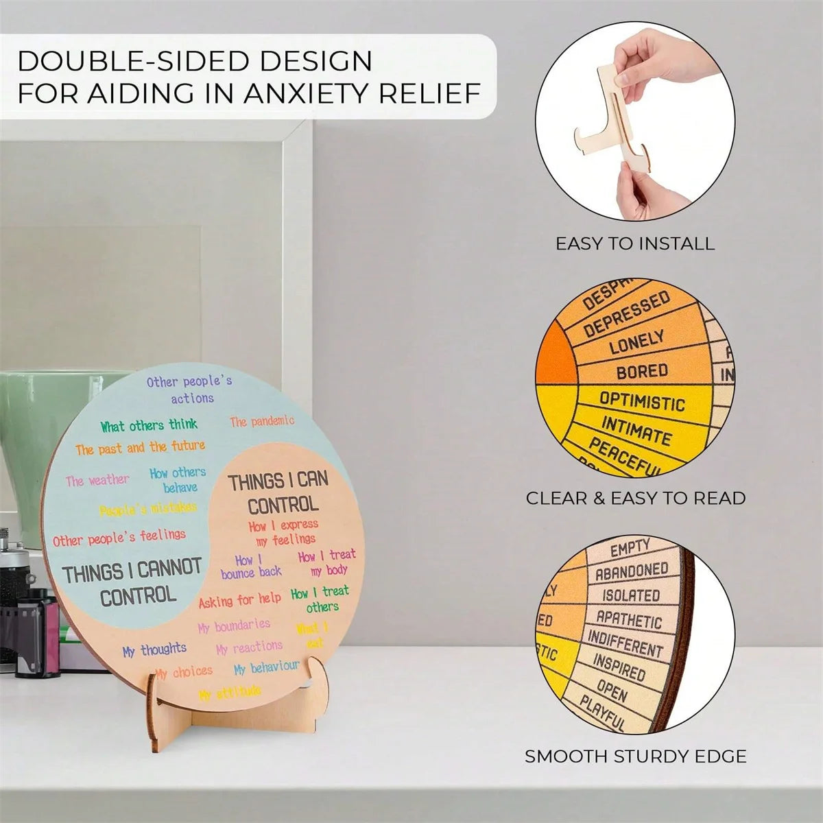 Feelings Wheel Therapy Office Desk Decor - Double Sided Mental Health Office Emotions Chart with Stand, Therapist Gifts for H