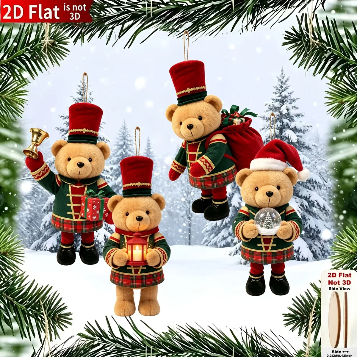 20/10 Pieces of Randomly Assorted 2D Flat Bear-Shaped Handmade Wooden Christmas Ornaments with Various Christmas Motifs, Suit