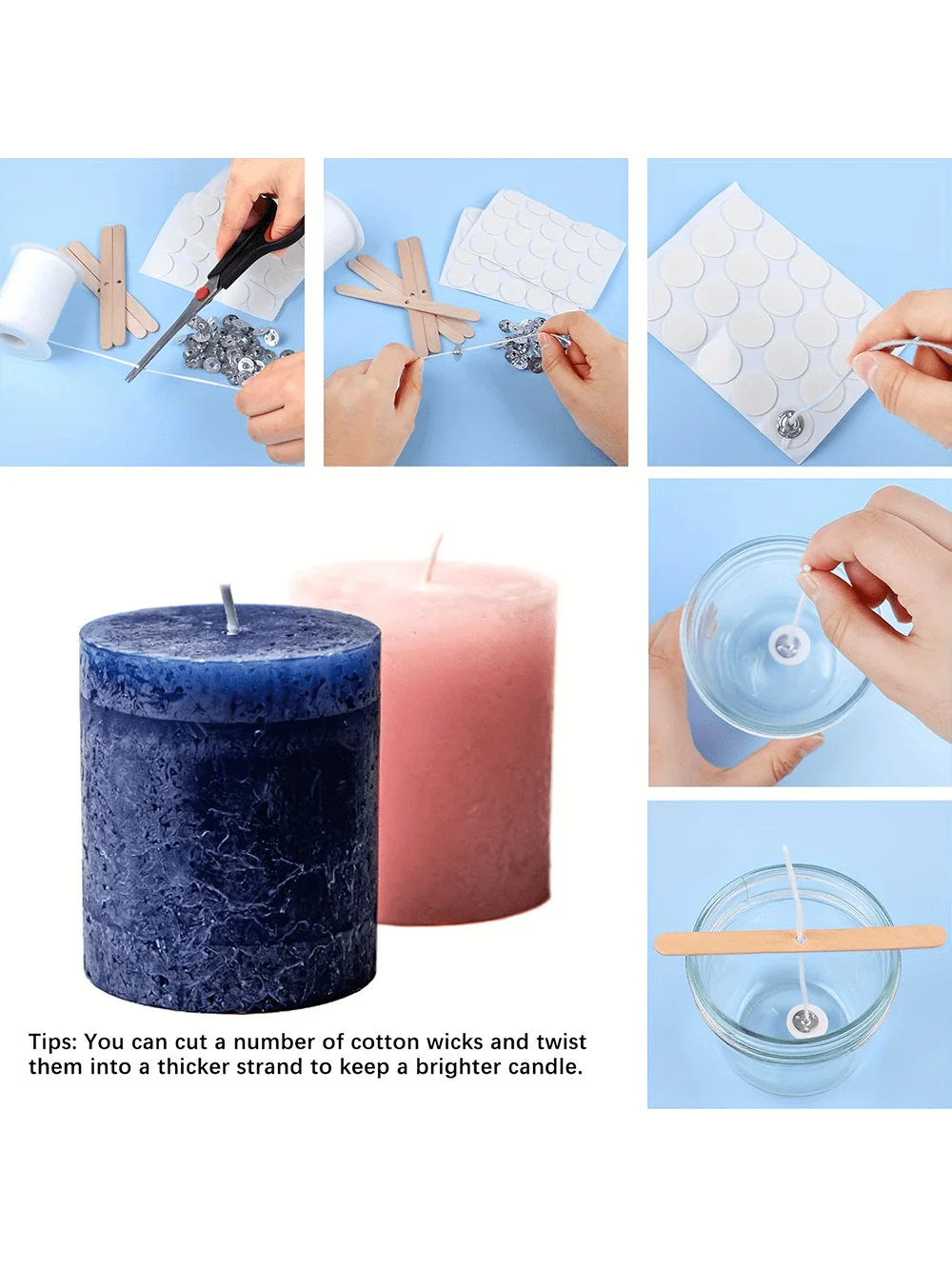 200 ft Candle Wick - Candle Wick with 100 Metal Wicks, 60 Candle Stickers, 5 Wooden Wick Holders, Soy Wax Candle Wick DIY Cra
