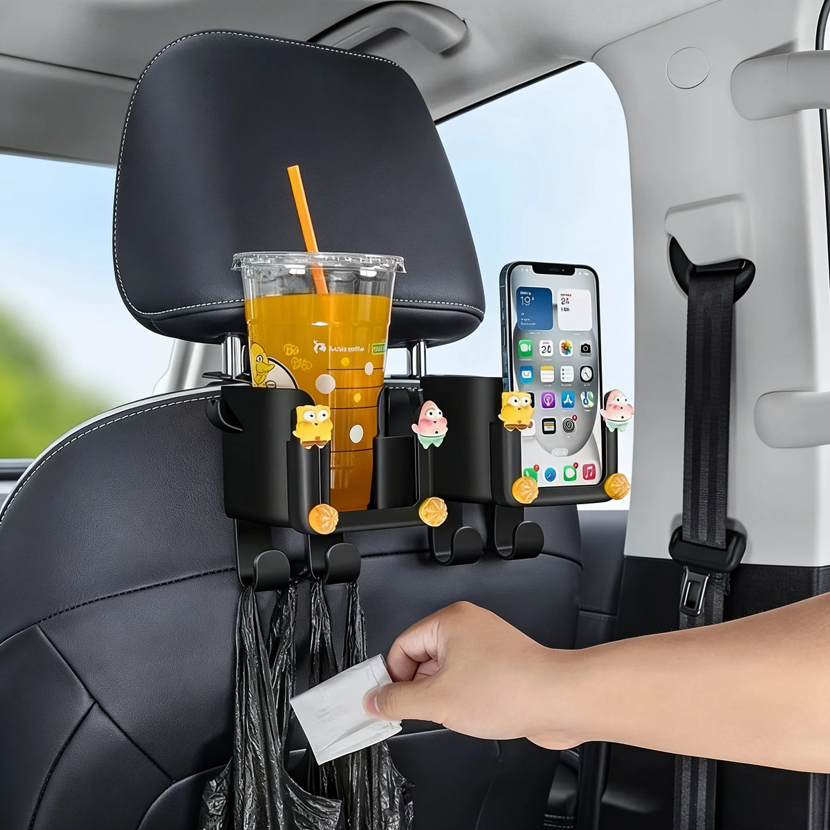 Car Seat Backrest Storage Rack with Cup Holder, Phone Holder, and Hooks, Saving Space, Automotive Parts
