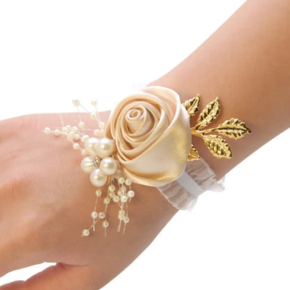 Bridesmaid Wrist Flowers Rose Corsage Pearl Polyester Ribbon Bracelet Wedding Accessories - champagne