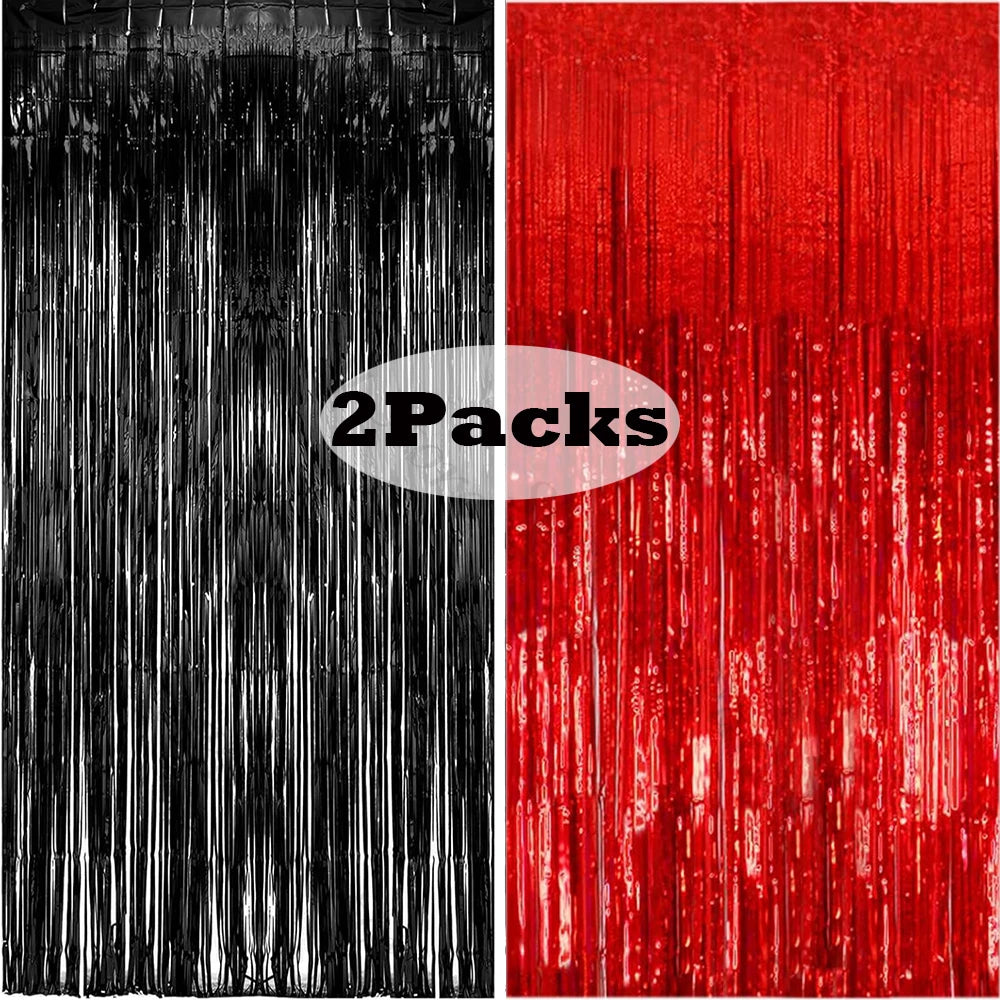 2Packs 1x2m Red Black Foil Curtain Backdrop Black Red Tinsel Party Streamer Curtains Wedding Bridal Shower Birthday Decoratio