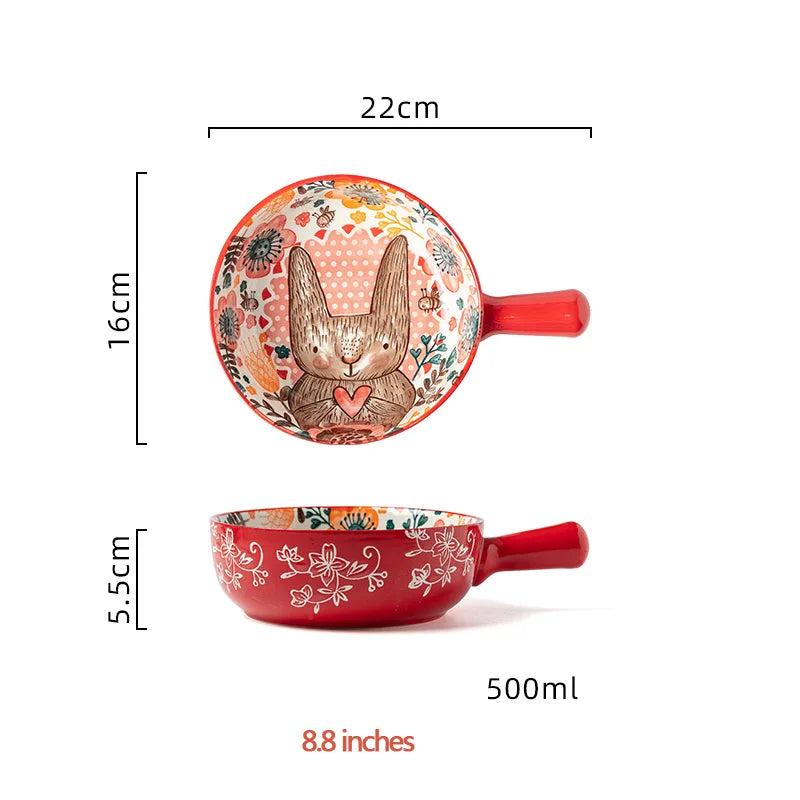 1pc/cute rabbit hand-painted bowl and plate underglaze ceramic household soup bowl commercial hotel noodle bowl fruit salad b