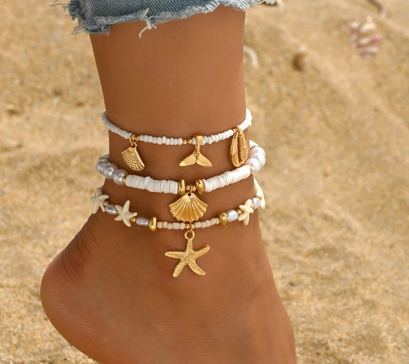Beach Bead Anklet for Women Jewelry Retro Fashion Beads Stone Pendant Ankle Chain - 10