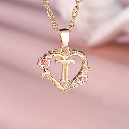Female A-Z Letter Flower Pendant Necklace Yellow Gold Color Wedding Jewelry Gift For Women - T