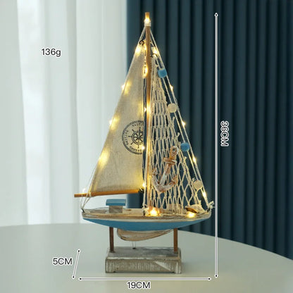 Retro Mediterranean Style Wooden LED Sailing Boat Model Creative Ocean Style Desktop Ornament Crafts Small Boat Home Decor Gi