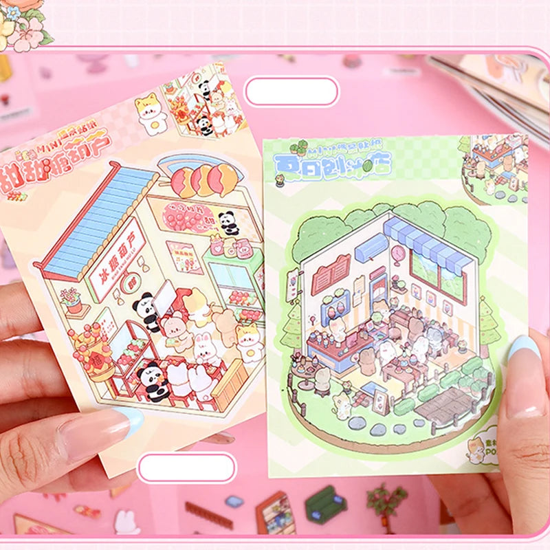 21-Piece Cartoon Miniature Scene Sticker Book - Mini 3D Cottage Journal Materials, DIY Creative Handmade Collage Decals