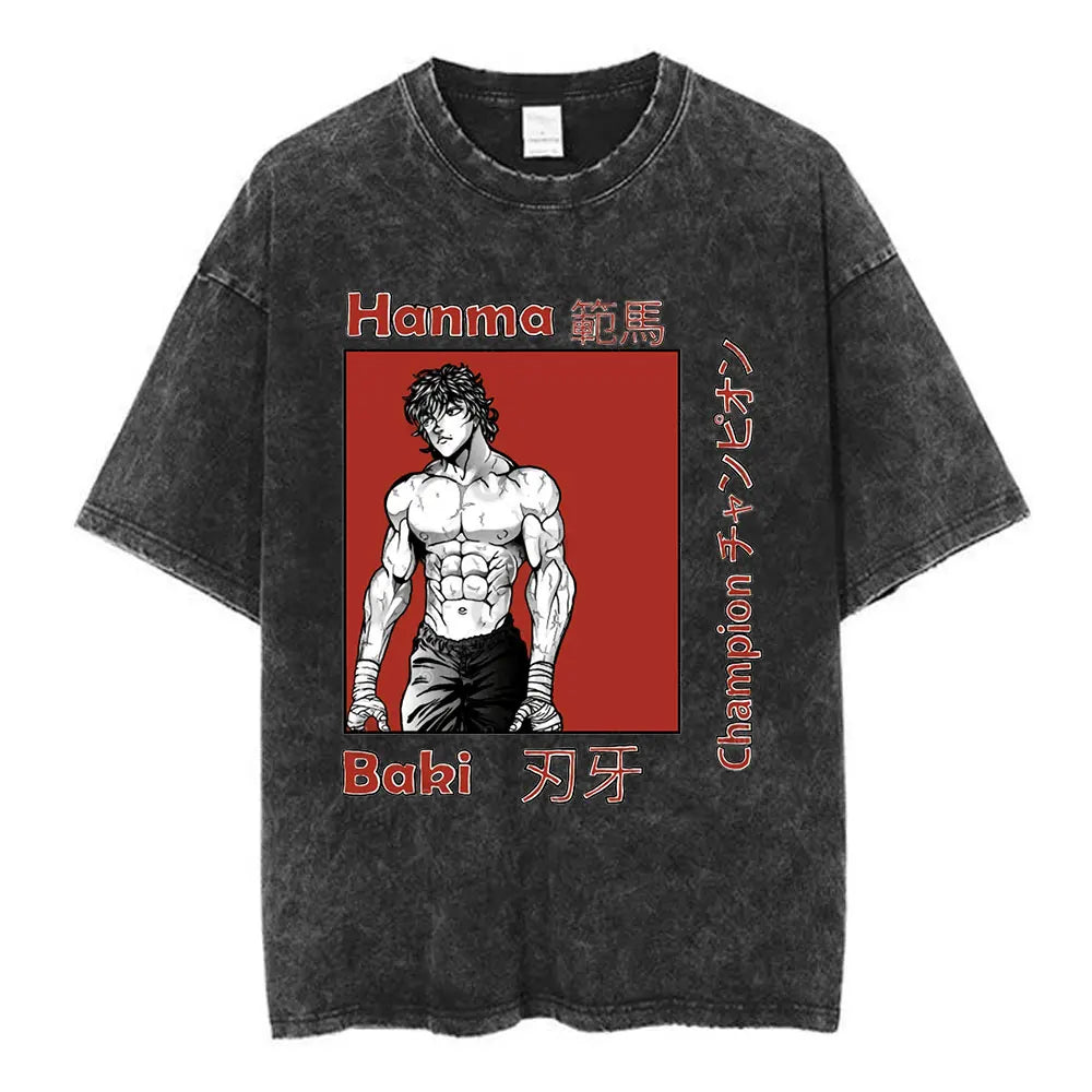 Vintage Washed T Shirt Anime Baki The Grappler T-shirt Hanma Yujiro Gym Short Sleeve T-shirts Oversized Cotton Casual Tee Shi