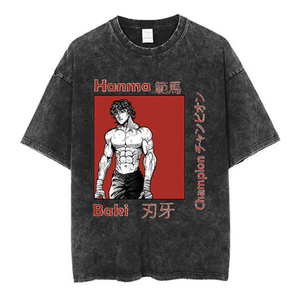 Vintage Washed T Shirt Anime Baki The Grappler T-shirt Hanma Yujiro Gym Short Sleeve T-shirts Oversized Cotton Casual Tee Shi