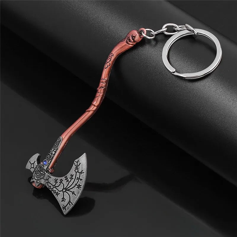 Punk Fashion Jewelry God Of War 4 Kratos Axe Keychains Exquisite Crystal Carved pattern Axe Pendant key holder Souvenir jewel