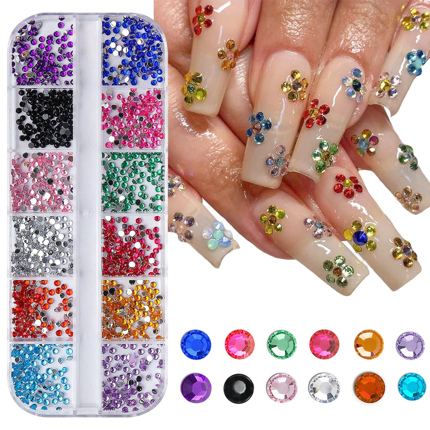 12 Grid Shimmering Crystal Nail Art Rhinestones - Flatback Gemstones for Versatile Decoration - Adorns Nails Shoes Makeup Bag