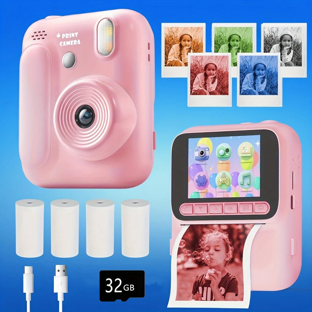 Color Printing Camera Kids Instant Camera 32GB 1080P Thermal Print Digital Camera Print Photo Video Games Music Children Gift