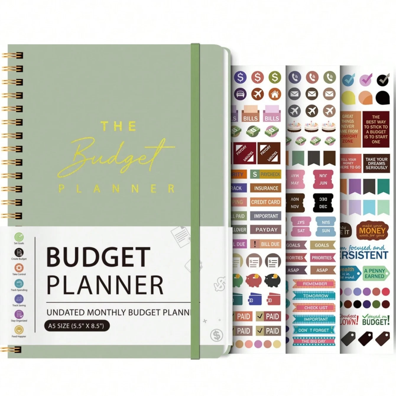 A5 Budget Planner Book with 3 Sheets Stickers, Undated Monthly Finance Organizer, Budget Journal for Money Management, Cash F