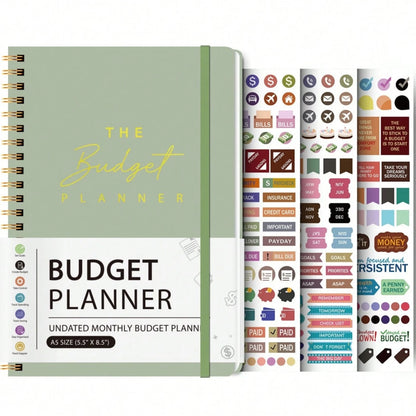 A5 Budget Planner Book with 3 Sheets Stickers, Undated Monthly Finance Organizer, Budget Journal for Money Management, Cash F
