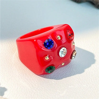 2022 New Sweet Multicolor Resin Oil Drip Ring for Women Geometric Oval Flowers Beads Rhinestones Ring Cute Jewelry HangZhi - 