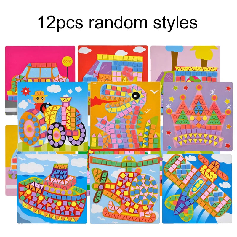 6/12pcs Mosaics Paintings DIY Foam Puzzles 3D EVA Sticker Airplane Car Spaceship Cat Dog Animal Cartoon Drawing Home Decor TM