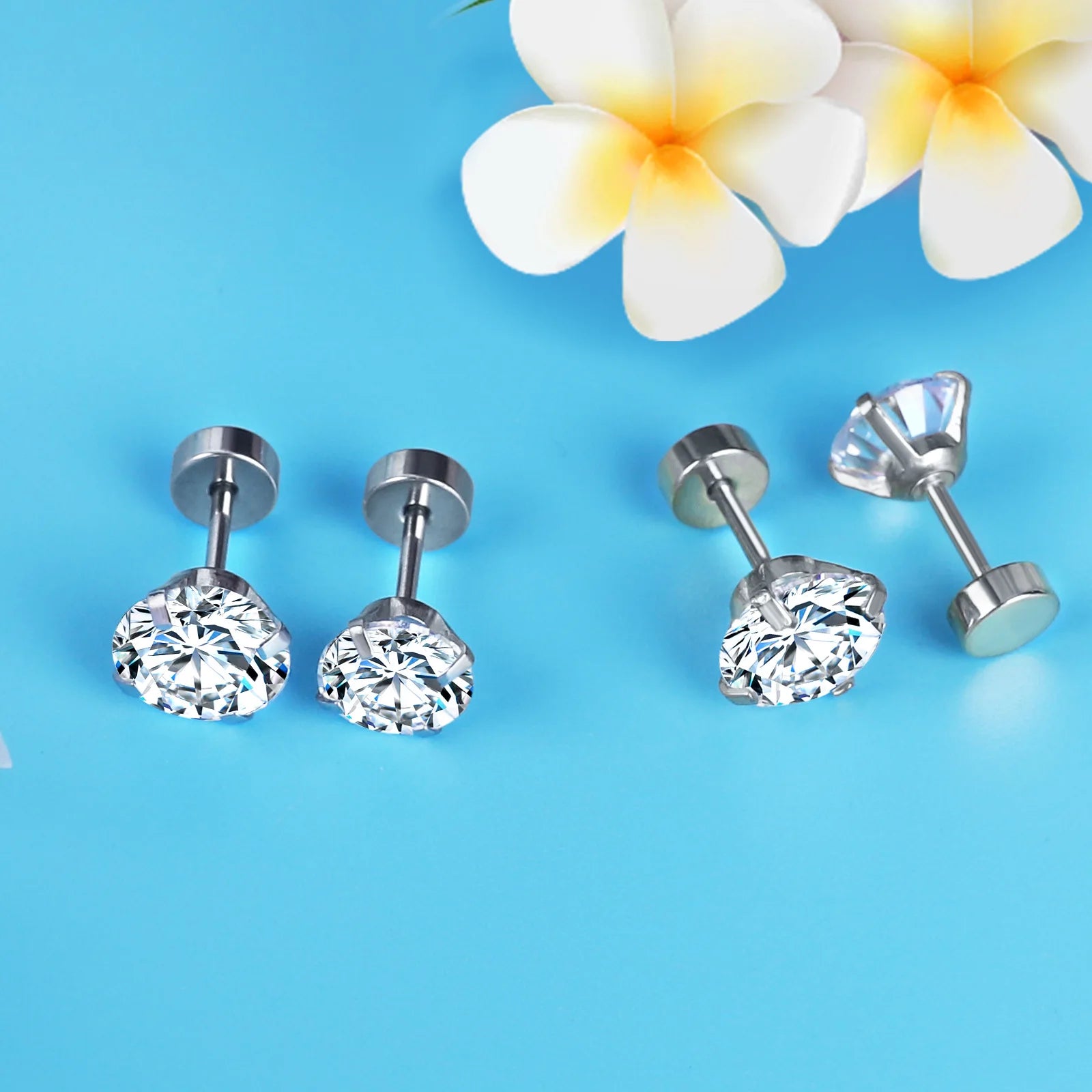 LUXUSTEEL 1Pairs/2Pcs Stainless Steel Crystal Studs Earrings For Women Men 4 Prong Tragus Round Clear Cubic Zirconia Ear Jewe