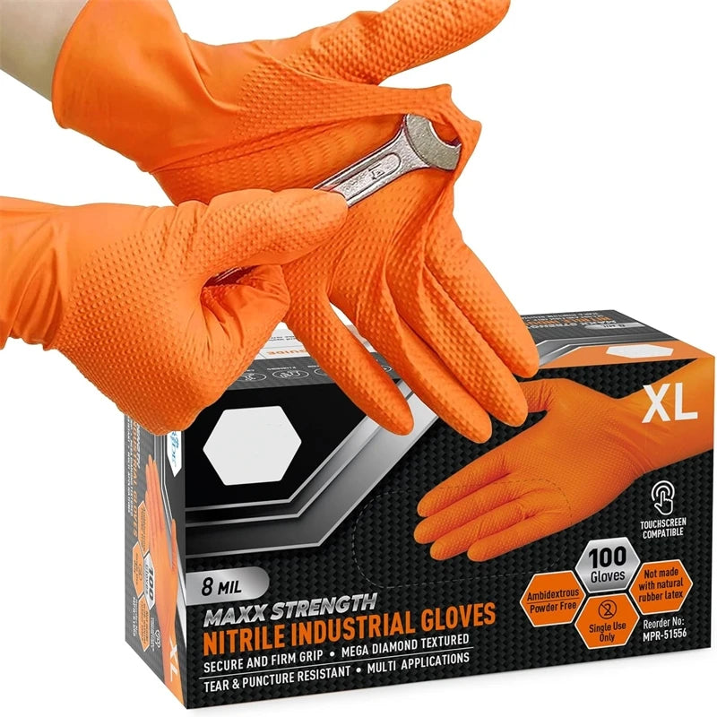 Heavy Duty Orange Nitrile Gloves 8Mil Industrial Disposable Gloves with Diamond Textured Grip for Mechanic Safety & Work Glov