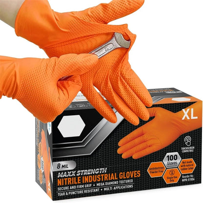 Heavy Duty Orange Nitrile Gloves 8Mil Industrial Disposable Gloves with Diamond Textured Grip for Mechanic Safety & Work Glov