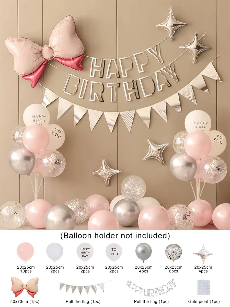 Birthday Party Decorations, 36PCS Pink and Silver Balloon Set, Custom Party Decor, Photo Backdrop Banner, Personalized Birthd