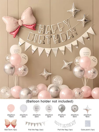 Birthday Party Decorations, 36PCS Pink and Silver Balloon Set, Custom Party Decor, Photo Backdrop Banner, Personalized Birthd