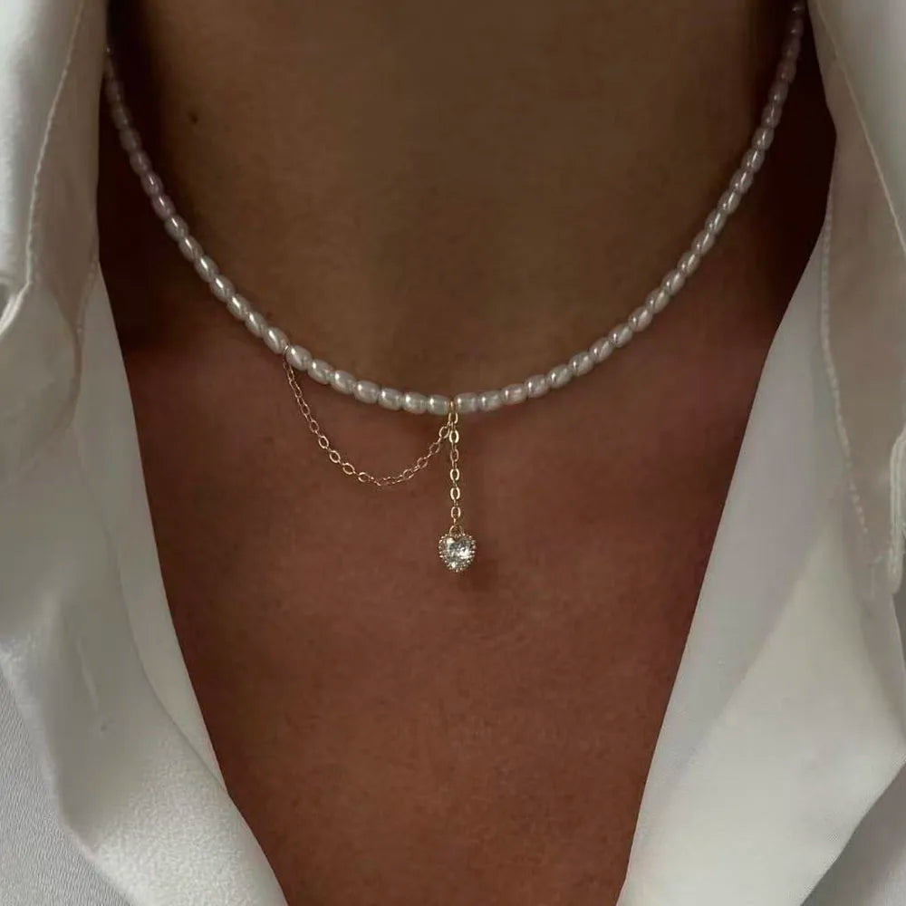 Fashion Tassel Chain Pendant Necklace For Women Boho Transparent Crystal & Imitation Pearl Chain Jewelry Valentine's Gift N05