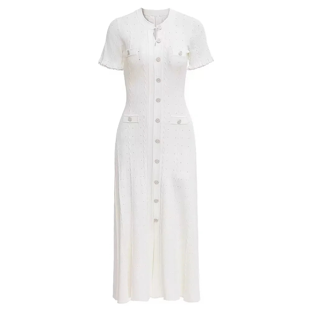 Vintage Cable Knit Midi Dress Button Front Ruffled Short Sleeve Pocket Design Elegant Party Casual Knitted Dress - WHITE