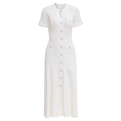 Vintage Cable Knit Midi Dress Button Front Ruffled Short Sleeve Pocket Design Elegant Party Casual Knitted Dress - WHITE