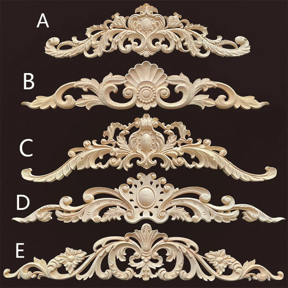 Wood Appliques and Onlays Natural Furniture Wall Door Woodcarving Decorative Long Flower Wooden Figurines Crafts Corner Frame
