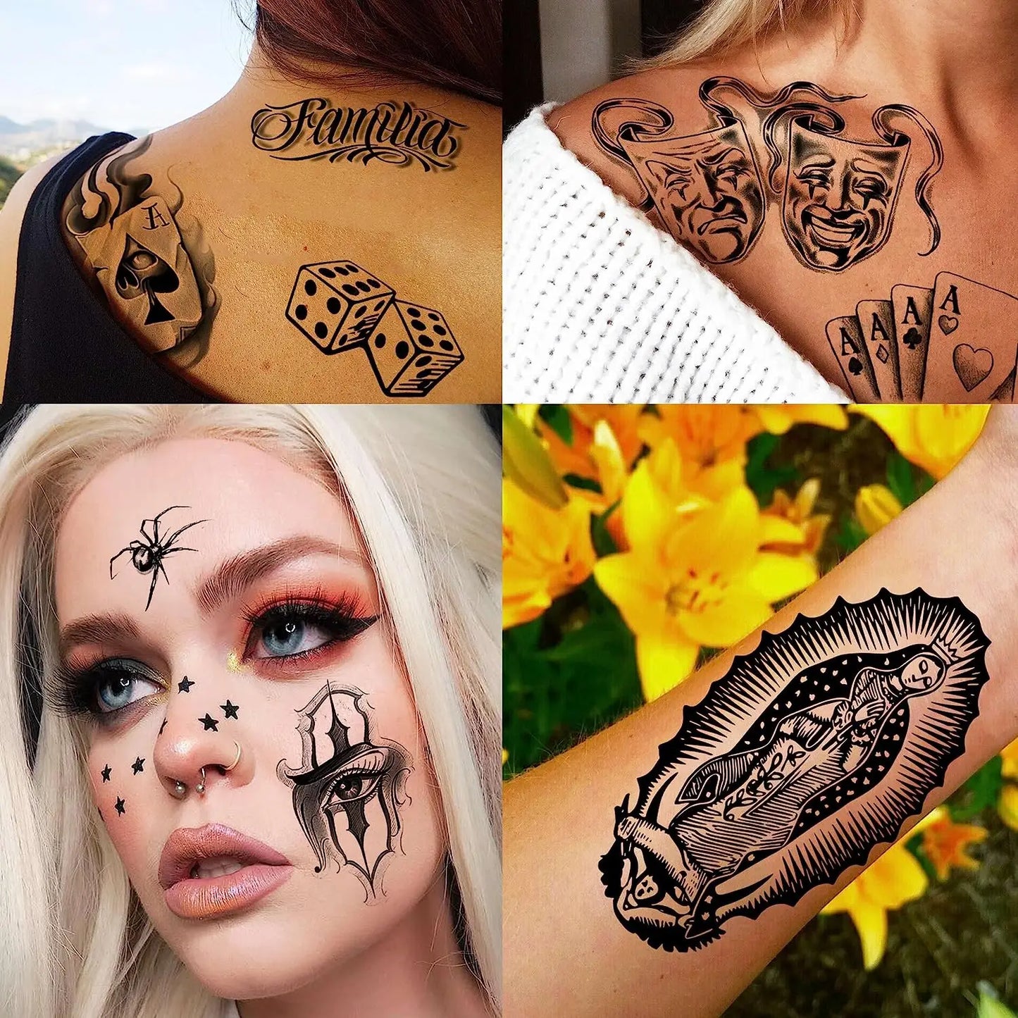 6 Sheets Chicano Temporary Tattoos For Men Women Adult, Chicana Guadalupe Gangster Fake Tattoos Halloween Day of the Dead Mex