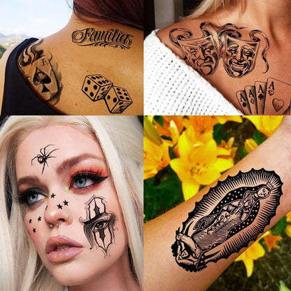 6 Sheets Chicano Temporary Tattoos For Men Women Adult, Chicana Guadalupe Gangster Fake Tattoos Halloween Day of the Dead Mex