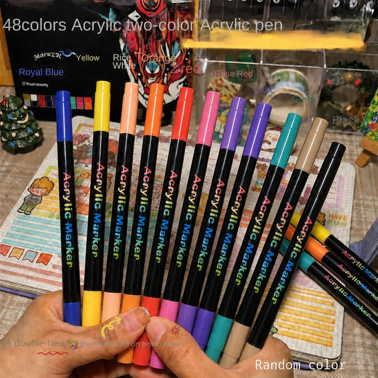 Professional Art Use 24/48-Color Acrylic Paint Markers, Dual-Tip Fine and Brush Tip Pens, Suitable for Stone, Wood, Calligrap