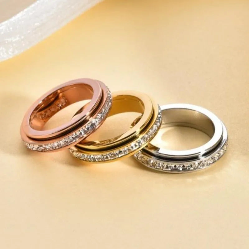 Stainless Steel Rotatable Anxiety Ring with CZ Gemstone Ring for Women Men Unisex Stress Relief Statement Rings Jewelry Gifts