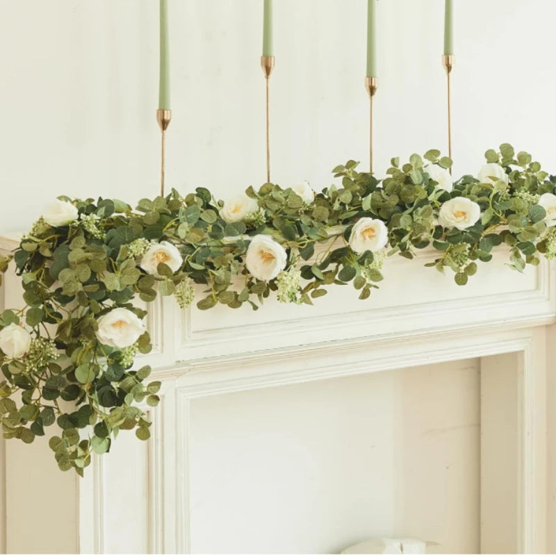 180cm Artificial Eucalyptus Garland with White Flowers for Home Festival Wall Hanging Garden Wedding Backdrop Arch Party Deco