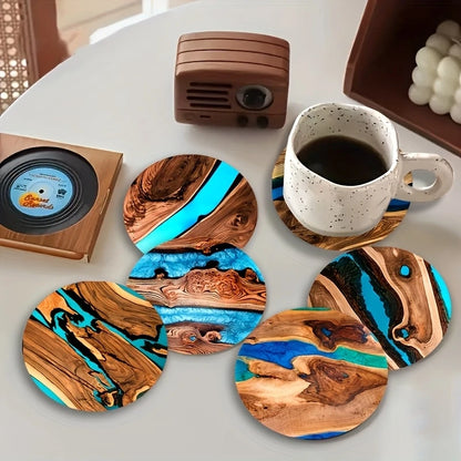 6pcs Vintage Wooden Coasters 2D 4in Tree Pattern with Lake & Desert Designs High-End Home Decor for Coffee Shops & Dining Tab