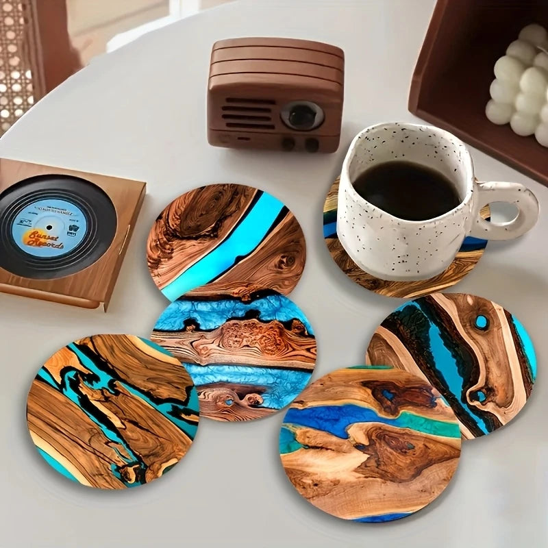 6pcs Vintage Wooden Coasters 2D 4in Tree Pattern with Lake & Desert Designs High-End Home Decor for Coffee Shops & Dining Tab