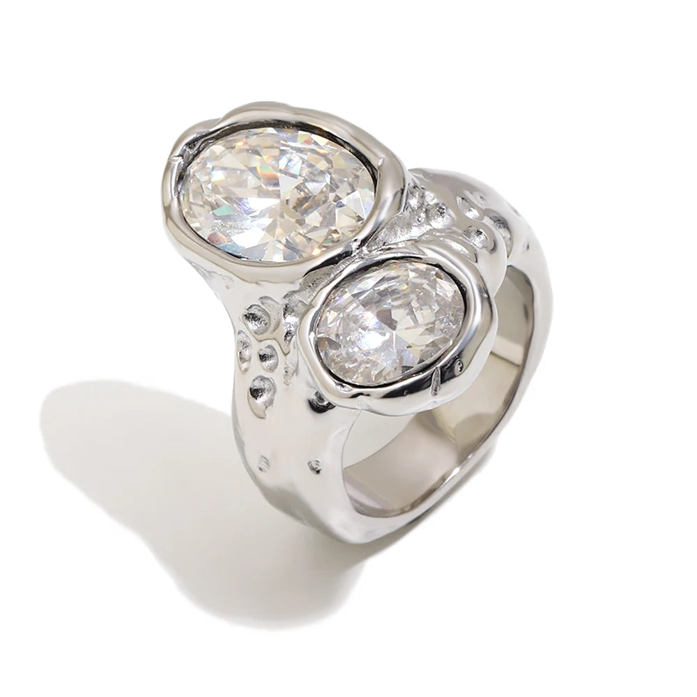 E.B.belle Gold Plated Deep-patterned Square Zircon Ring Simple Statement With Irregular Design Tarnish Free Women's Jewelry -