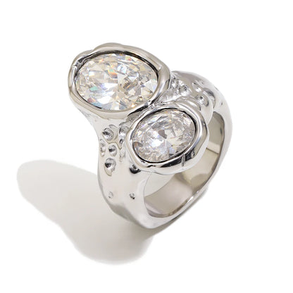E.B.belle Gold Plated Deep-patterned Square Zircon Ring Simple Statement With Irregular Design Tarnish Free Women's Jewelry -