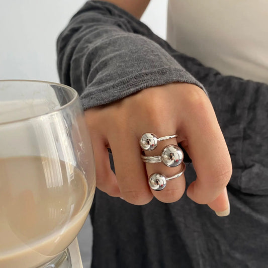 LATS Exaggeration Punk Metal Personality Irregular Three-layer Design Ball-Shape Open Ring for Women Fashion Simple Jewelry G