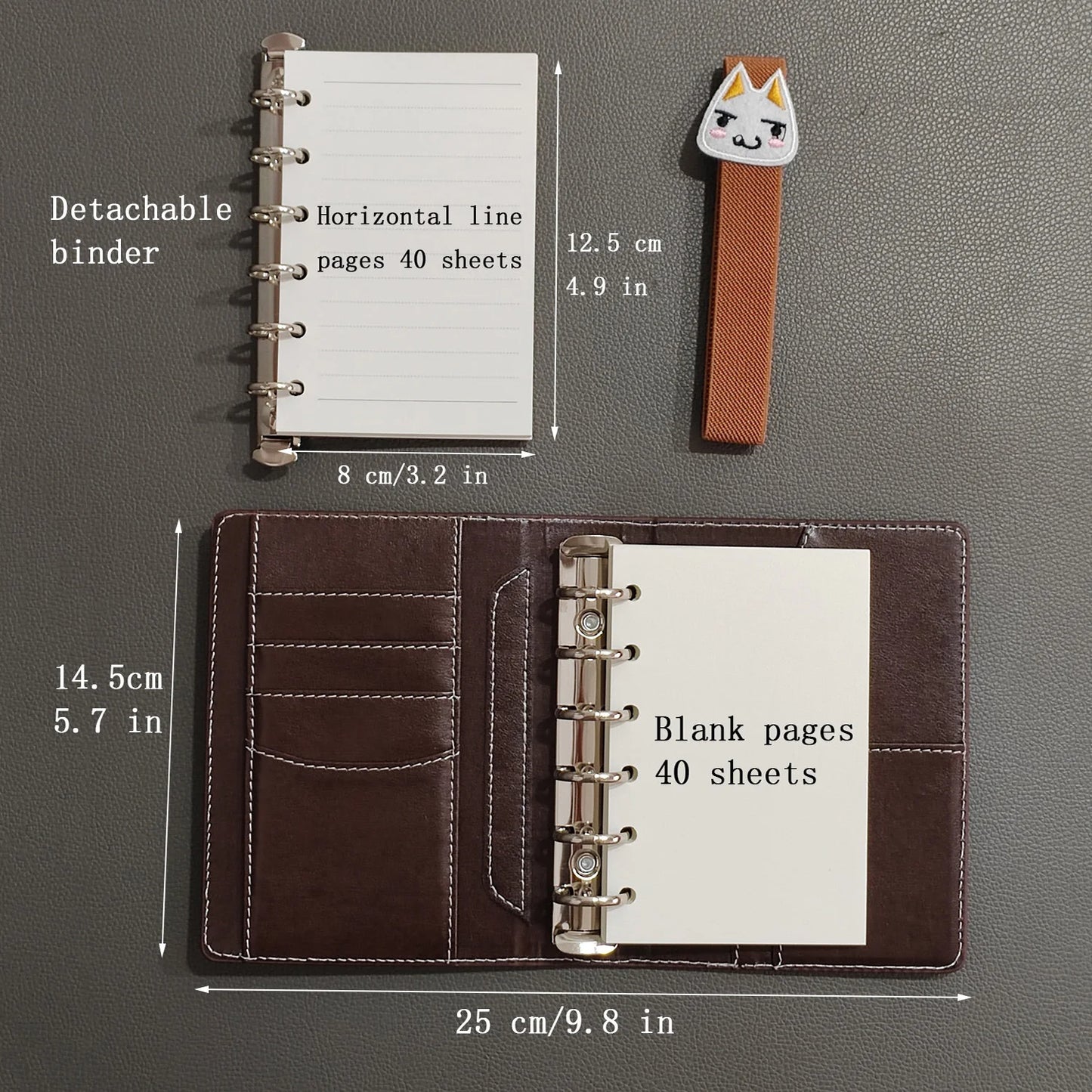 2 Binders A7 Notebook Detachable Loose-Leaf Dark Brown Notepad Portable Faux Leather Schedule Planner, With 80 Pages - notebo