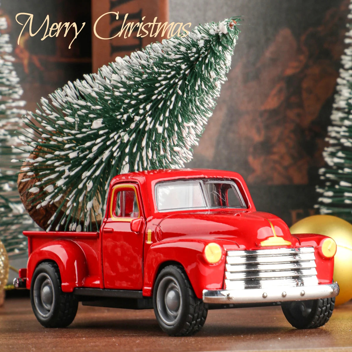 Mini truck+Christmas tree 2-piece ornament set; a good thing for home atmosphere decoration; living room and office desk orna