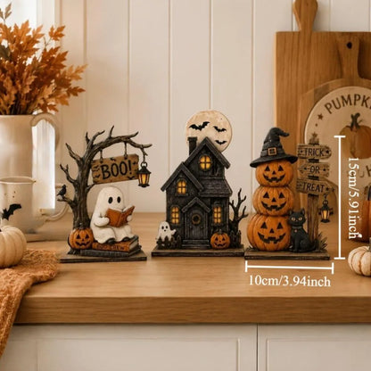 Vintage Halloween Wooden Ornament Ghosts House Figurines Stacked Pumpkin Spooky Tabletop Festive Seasonal Desktop Party Decor