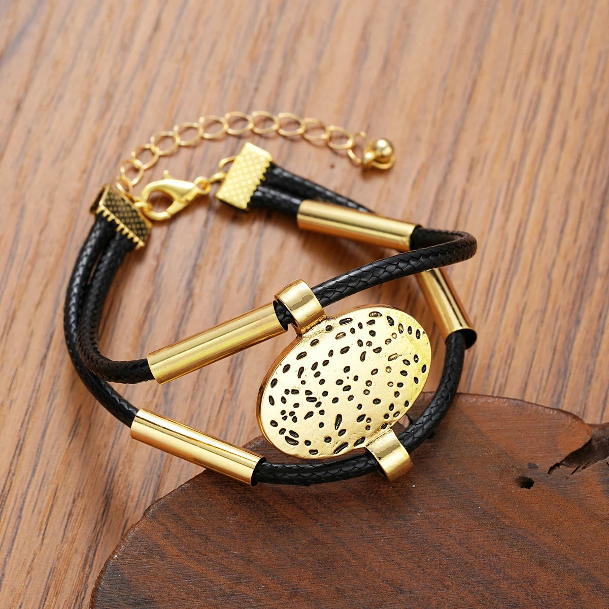 Vintage Oval Metal Faux Leather Necklace Bracelet For Women Fashion Gold Silver Color 2Pcs/Set Double Layered Chain Jewelry S