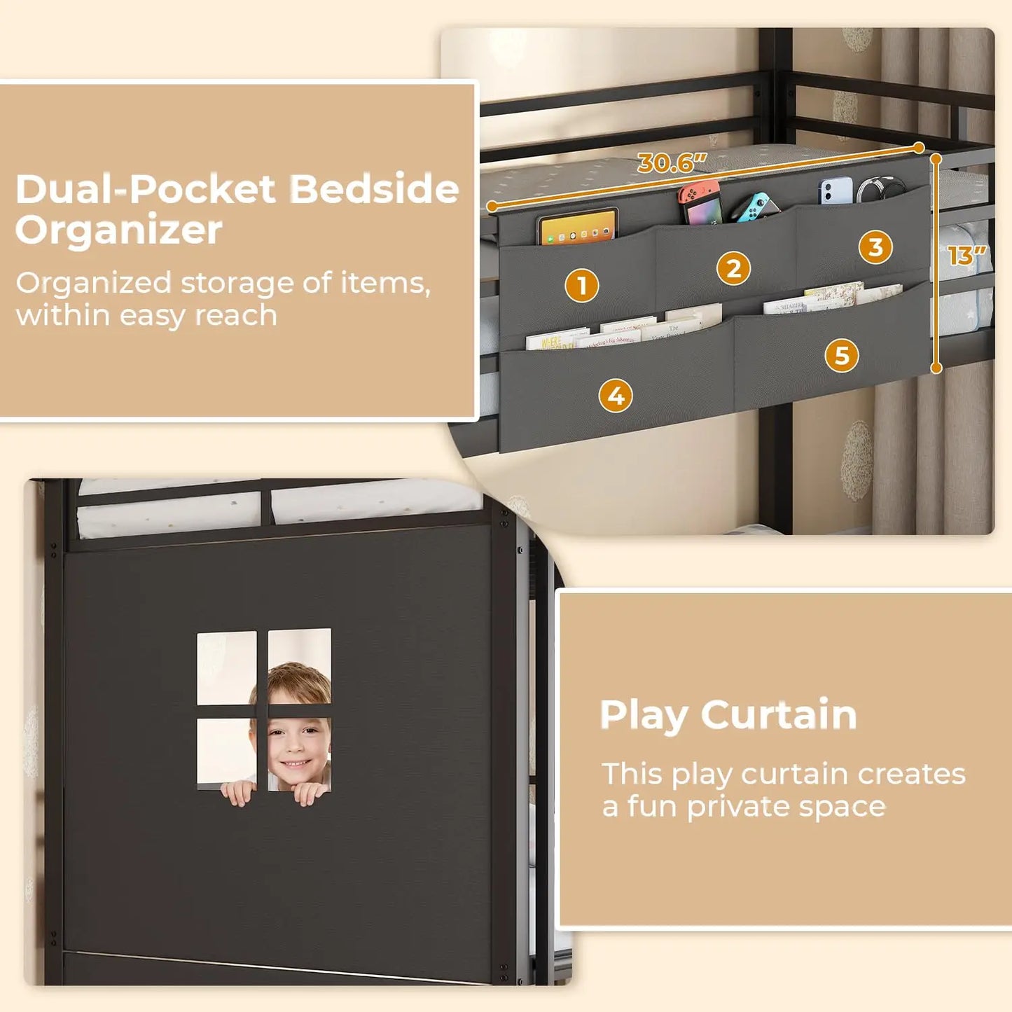 Triple Bunk Bed Twin Over Twin with Safety Guardrail | Heavy Duty Metal 3 Bunk Beds with Play, Customized