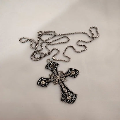 Vintage Cross Pendant Necklace Unisex Versatile Simple Long Sweater Chain Hip Hop Accessory - 9