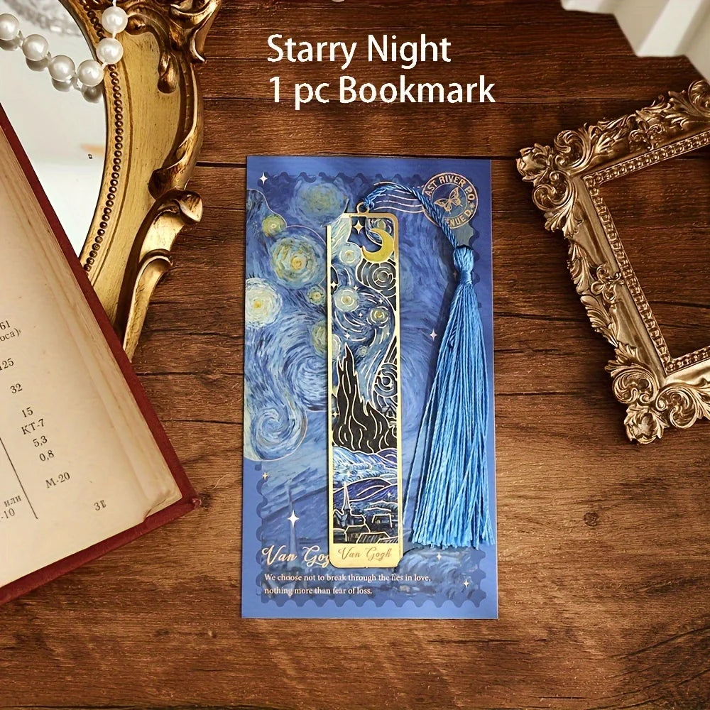 Vintage Oil Painting Metal Bookmarks - Hollow Hot Stamping Long Tassel Bookmarks - Stationery Gifts for Book Clubs, Book Love